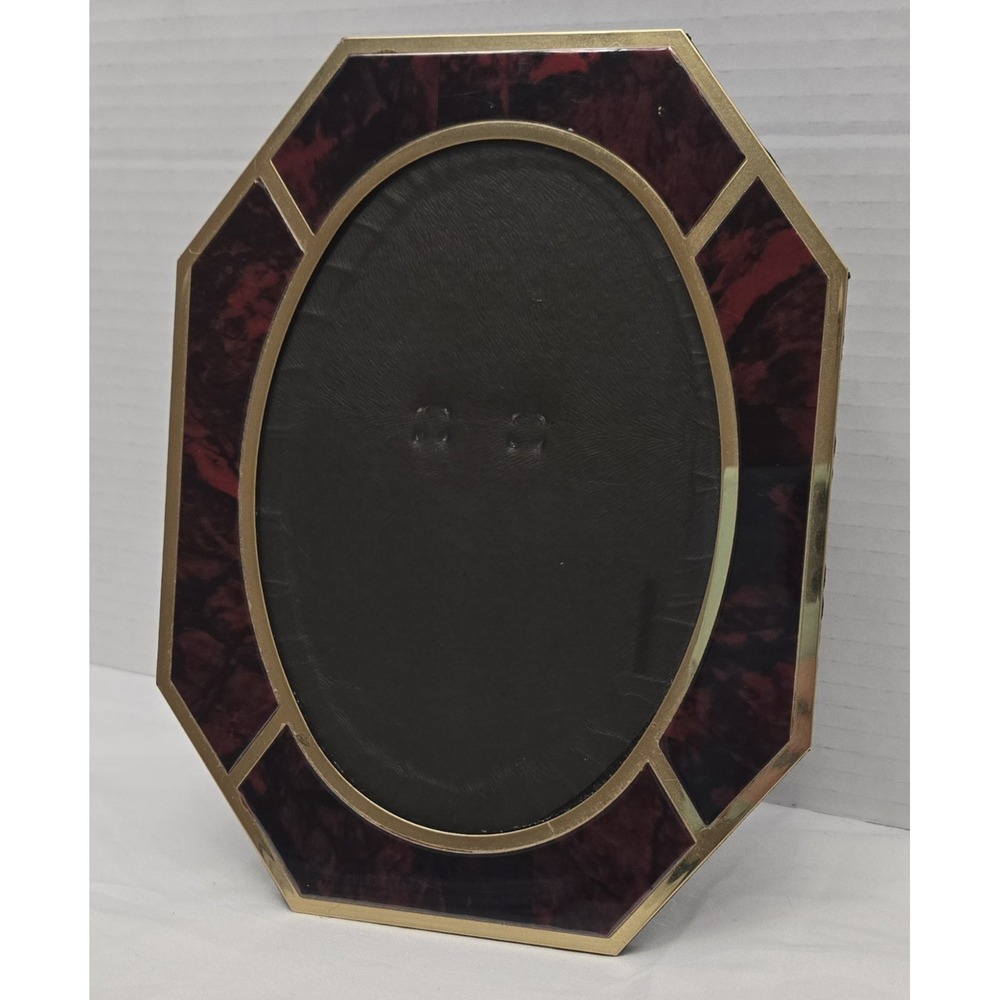 MCM Vintage Brass & Red Faux Tortoise Octagon Tabletop Frame Oval Glass Window